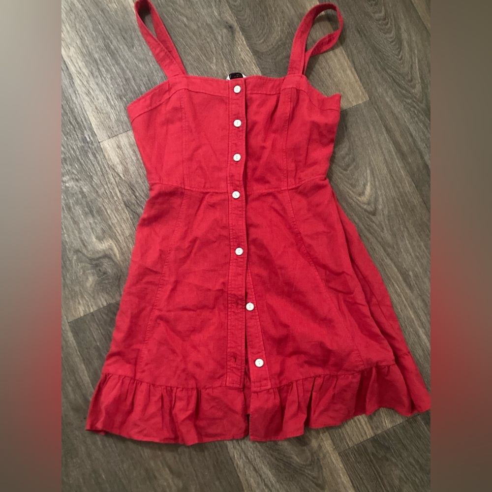 Red Button-Up Dress with Ruched Back and Ruffled Hem